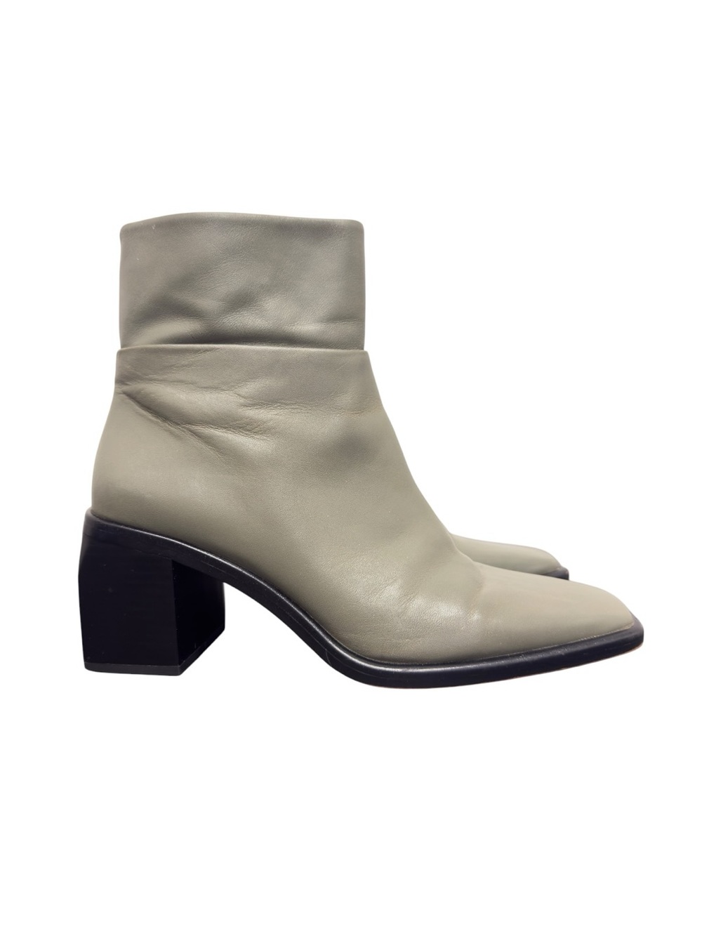 Zara Khaki Green Leather Square Toe Ankle Boots Block Heel Size 39 US 8/8.5